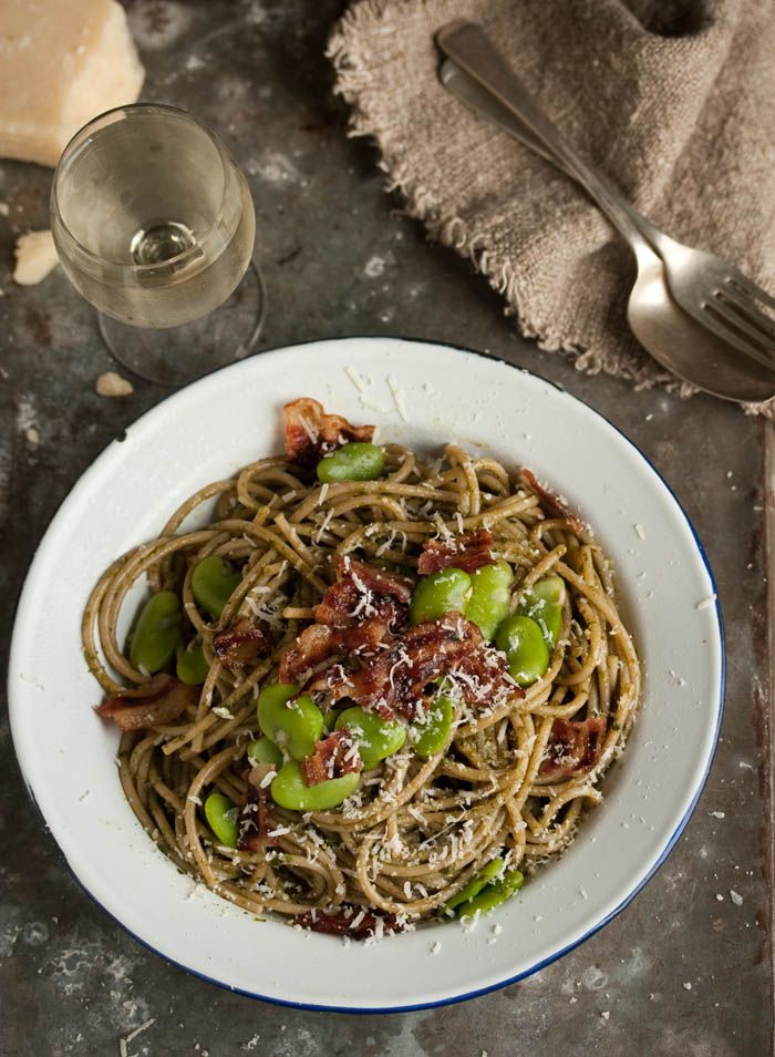 spring spaghetti with pesto broad beans and crispy bacon