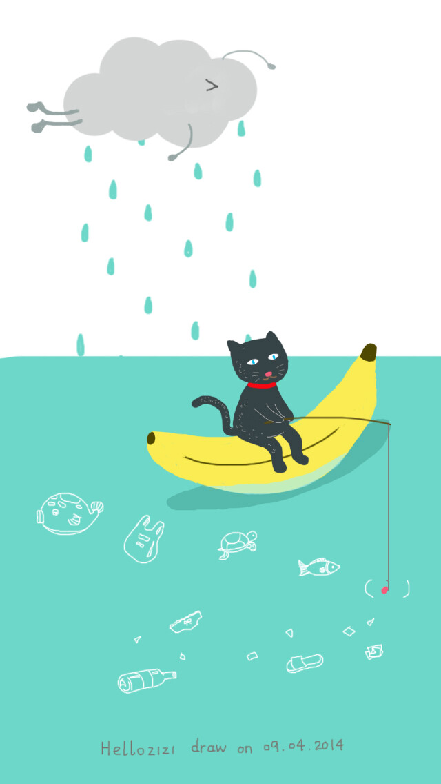 hellozizi原创香蕉船猫鱼iphone5壁纸小插画