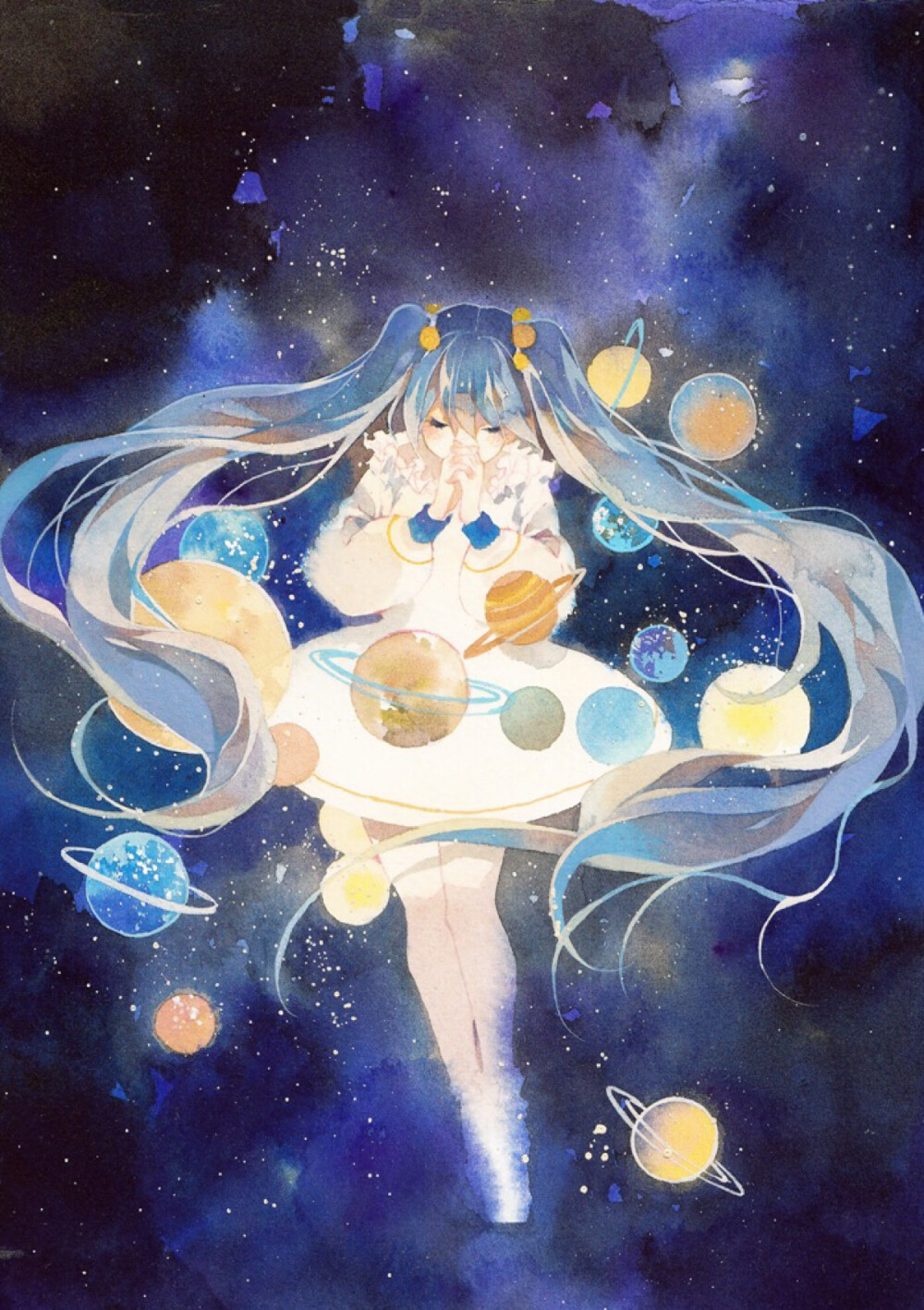 侵删致歉 p站id=52944387 水彩 透明水彩 初音未来 miku v家 星空