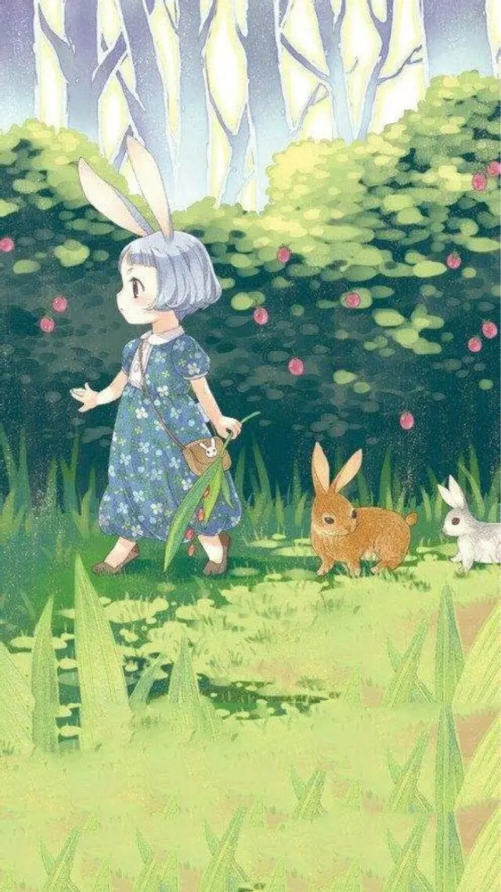 卡通插画女孩与兔子可爱文艺唯美手机壁纸聊天背景