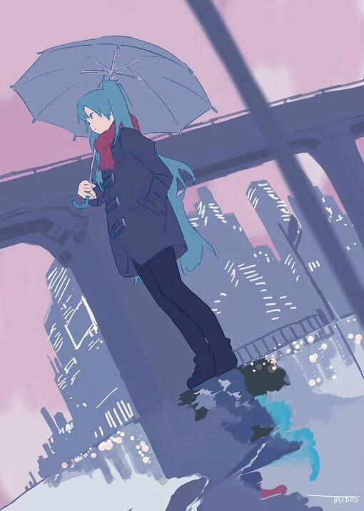 初音雨彩绘二次元动漫都市倒影