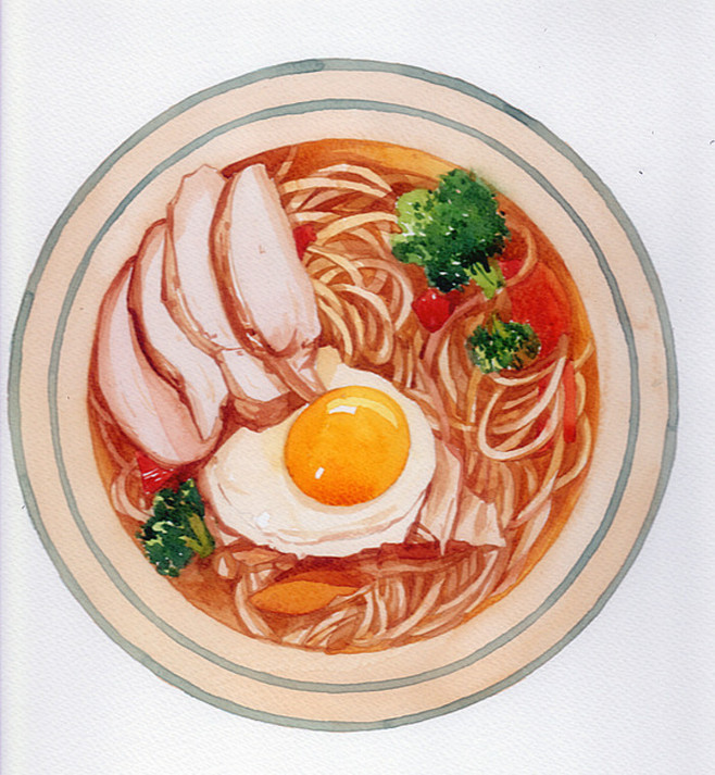 手绘水彩美食食物图画拉面插图插画