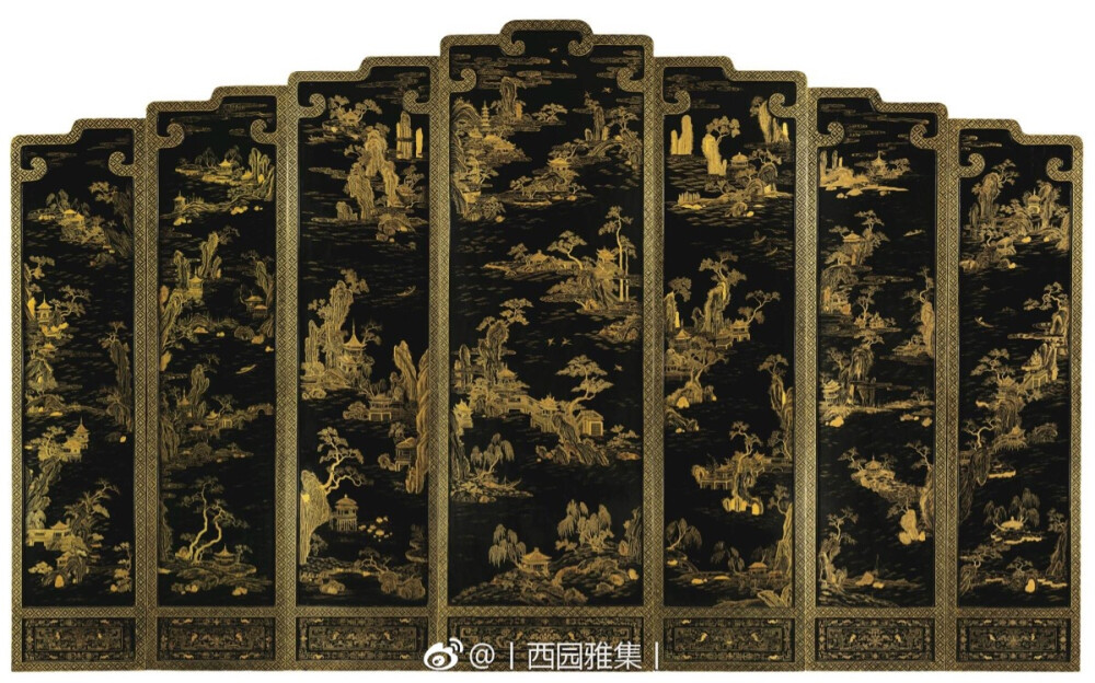 清雍正御制黑漆描金山水楼阁图七扇屏风