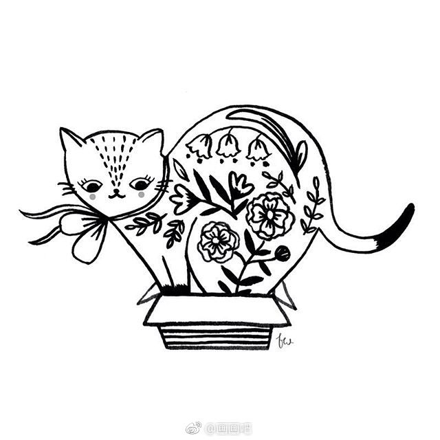 一组猫咪的黑白手绘插画作者florawaycott