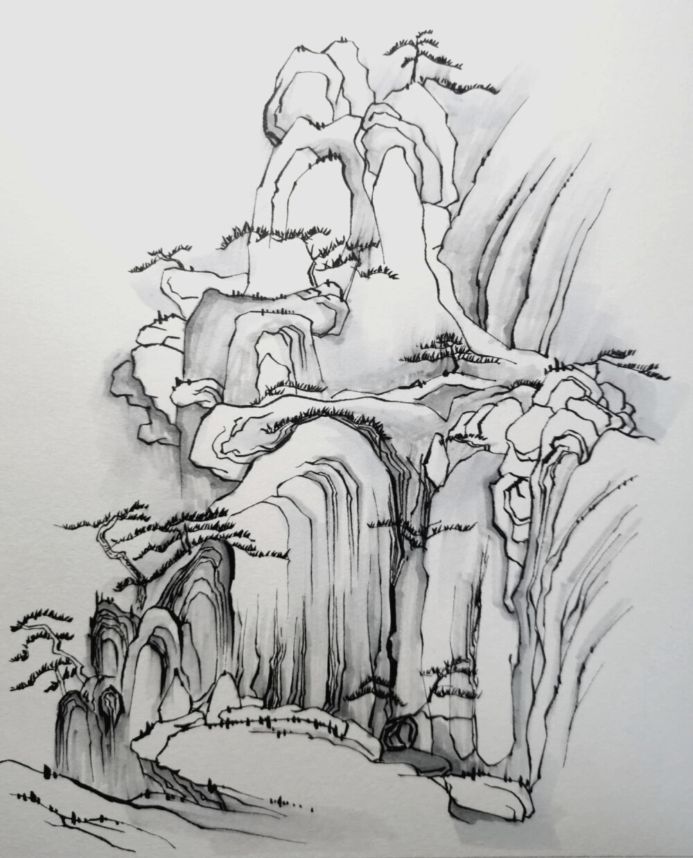 钢笔素描临摹山水画