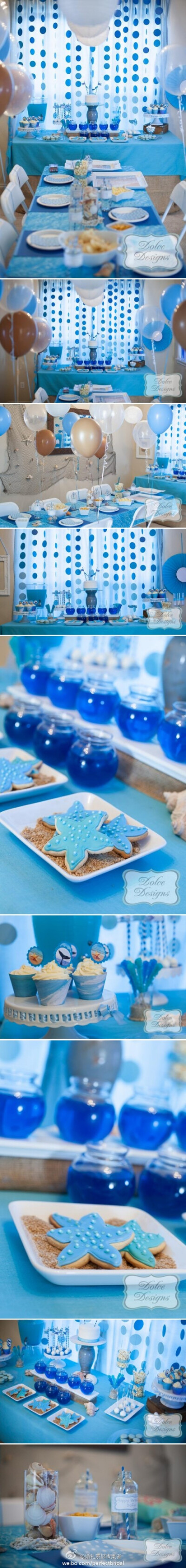 海洋主题的儿童生日Party布置--蓝色甜品桌，蓝色的餐桌，蓝色的气球，以及各种海洋元素细节，营造出梦幻的海洋世界。