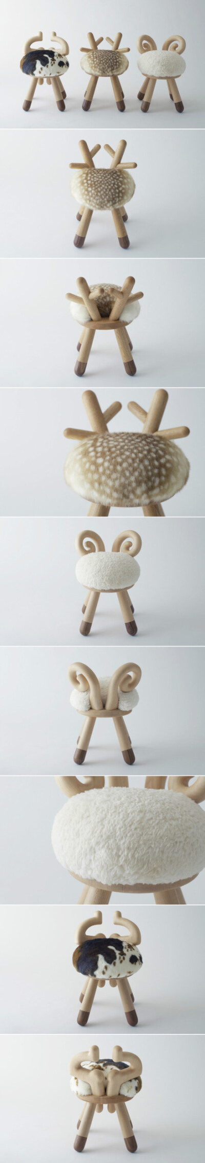 日本KAMINA & C工作室设计的可爱凳子，分别模仿小鹿、小牛和小羊的形态