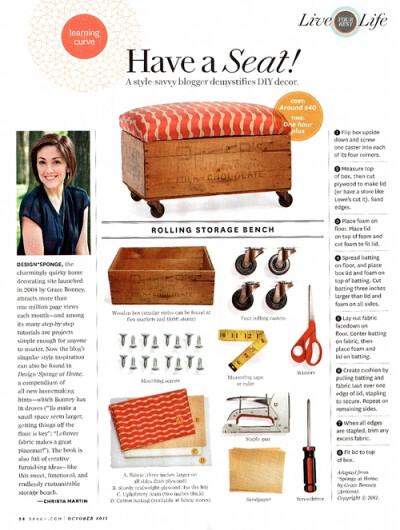 如何用复古木箱制作滑轮小椅子~Thank you so much to O, the Oprah Magazine for featuring Design*Sponge at Home in their October 2011 issue!