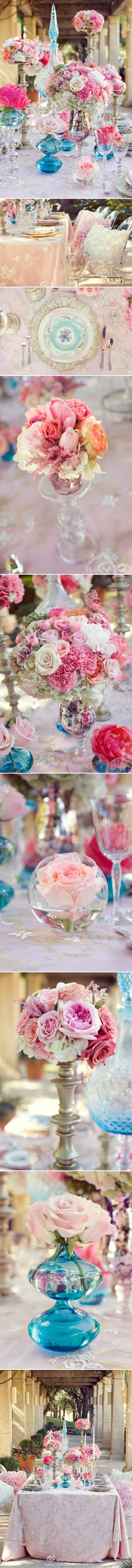 浪漫甜蜜的蓝色、粉色下午茶餐桌布置，餐具、器皿、花艺、餐桌摆设都非常有复古调