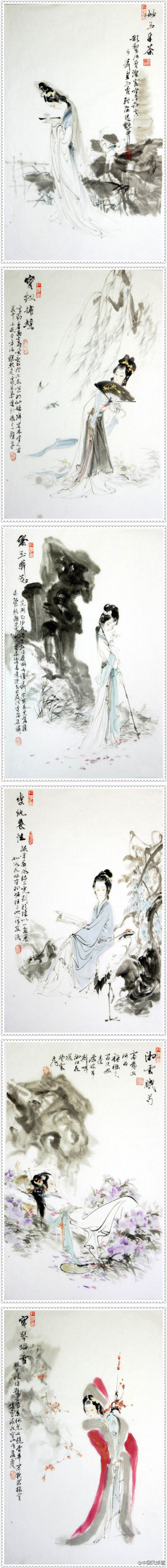 红楼梦》国画欣赏：妙玉、宝钗、黛玉、 李纨、湘云、宝琴。