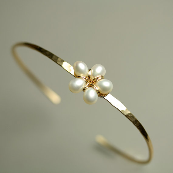 Pearl Flower Bangle Bracelet Gold Fill