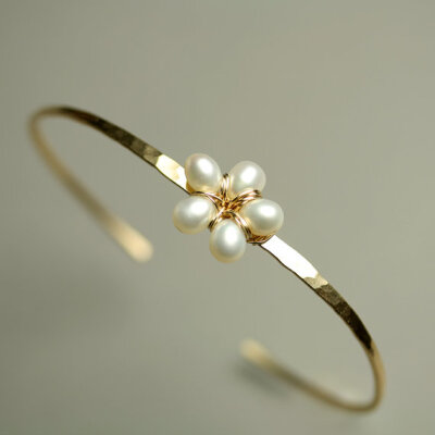 Pearl Flower Bangle Bracelet Gold Fill