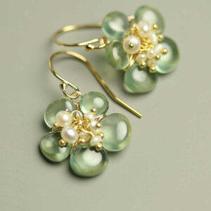 Spring Green Flower Dangle Earrings Prehnite and Freshwater Pearl Clusters