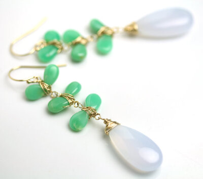Linked Vine Earrings with Chrysoprase and Blue Chalcedony