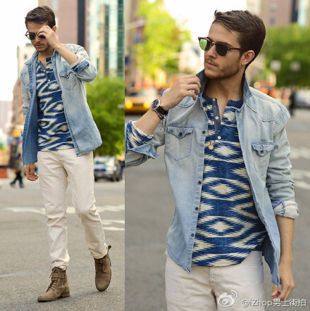 #男士街拍# 亨利衫：DENIM &amp; SUPPLY 丹宁衬衫： ASOS 裤子：ERMENEGILDO ZEGNA 靴子：ALL SAINTS 太阳镜：RAY-BAN