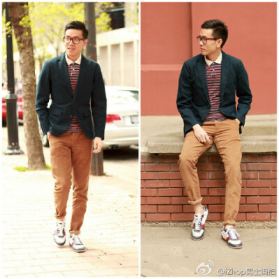 #男士街拍# 西服&amp;POLO衫：CLUB MONACO 灯芯绒裤子：ZARA 鞋：LACOSTE