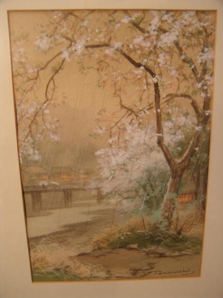 Bridge and Cherry trees on spring rainy day Terauchi Fukutaro