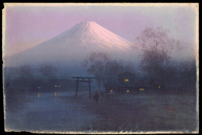 Tosuke S (watercolour artist) - Village by Mt Fuji at Dawn