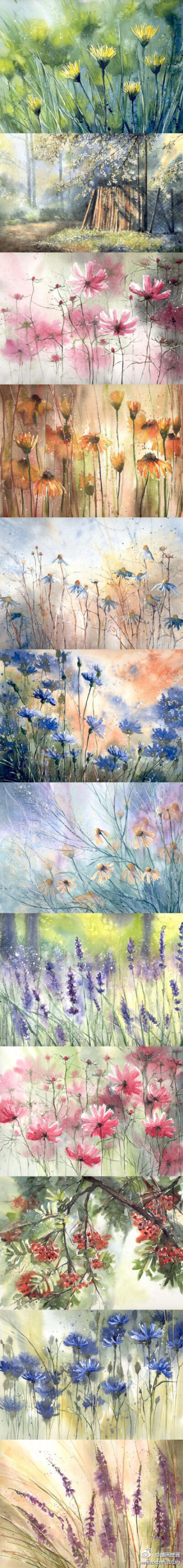 春天花会开～波兰画家Malgorzata Szczecinska的水彩花卉作品，朦胧与虚实之间，梦幻与现实之间...有着光怪陆离的氛围，让人感到置身其中的感觉。