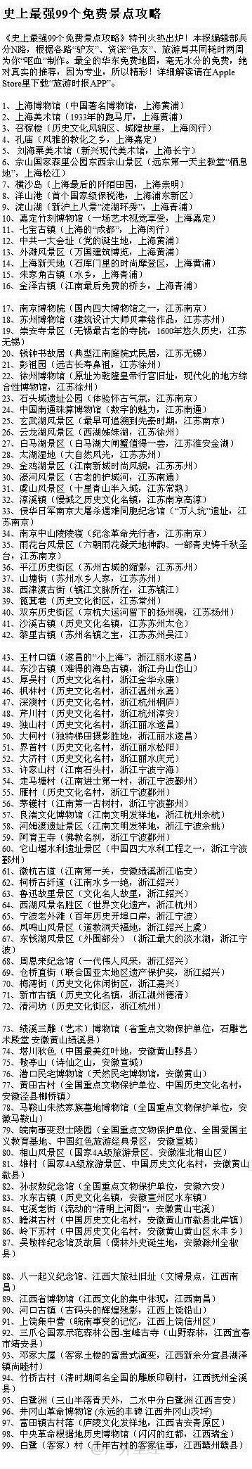 【史上最强99个免费景点攻略】（清晰）详细列举了沪、苏、浙、皖、赣等地的99个免费景点，以及上海至周边部分景点可免除的路桥费。根据各路“驴友”、资深“色友”、经多方调查核实制作完成。最全的华东免费地图，毫无水分的免费攻略咯~ 快来看看有木有你想去的咯 [转]