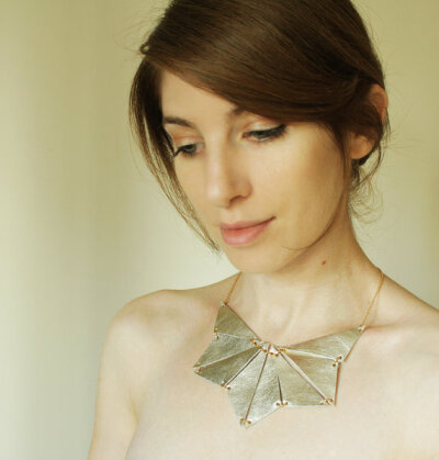 Geometric Statement Necklace, Leather Triangle Statement Necklace, made of Ivory gold leather
