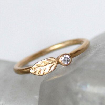 Diamond and Gold Wedding Ring - 14k Leaf and Bud Engagement Band