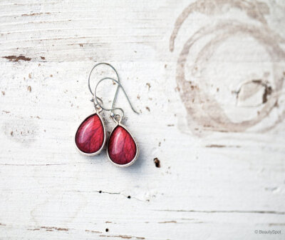 Red Rose drop earrings - Petals, Flower jewelry - Wine, burgundy - Bloom by BeautySpot (E125)