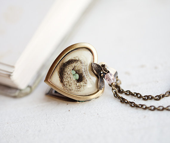 Bird Nest necklace - Heart locket - Mother necklace (L013)