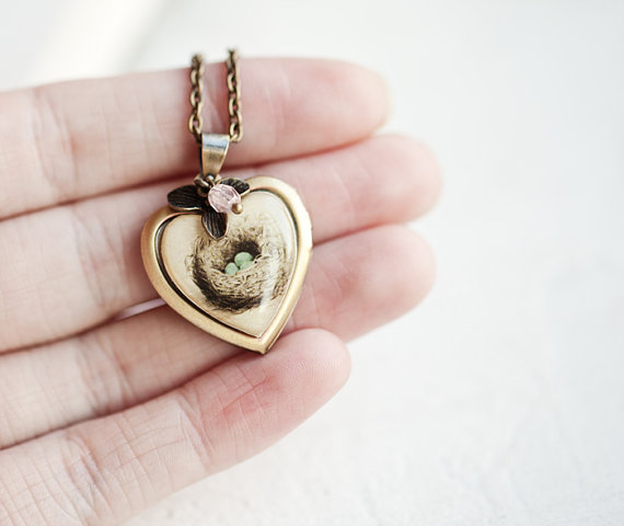 Bird Nest necklace - Heart locket - Mother necklace (L013)