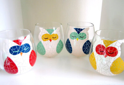 Owl Glassware Set- 4 Hand Painted Owl Wine Glasses in Vintage Colors