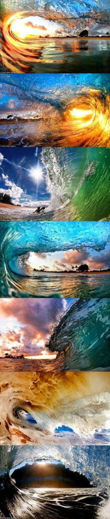 【夏威夷海滩的绝美海浪】大自然的美丽有多神奇？两位摄影师用一组照片记录了海浪撞击沙滩时令人叹为观止的景象，展现大自然不加雕琢的美。“夏威夷如此美丽，所有不同的颜色似乎都在海水中复制。”摄影师Kale说。他和另一摄影师Nick将自己固定在海水中，等待海浪掠过头顶时记录那精彩的瞬间。