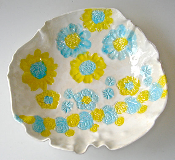 Ceramic serving bowl with turqoise and yellow flowers, spring decor, decorative bowl