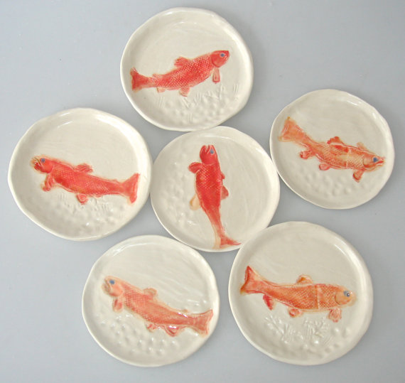 Appetizer plates, fish dish set, tapas plates, small plates, coral, salmon plates