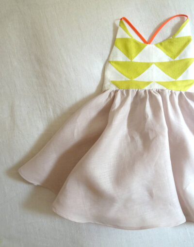 Patchwork Quilt Dress in Blush Pink Linen and Neon Lemon Yellow Raw Silk Noil