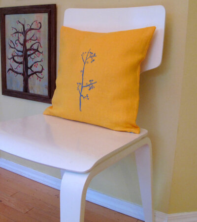 Pillow Cover Cushion Cover Gray Berry Branch on Mustard Yellow Linen 16 x 16 inches