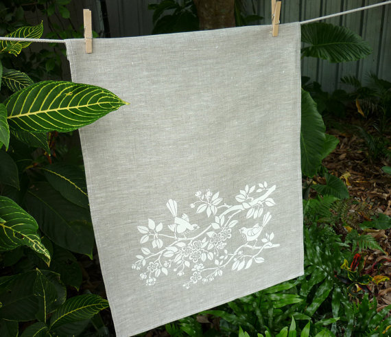 hand printed linen tea towel - Blossom Bird white on oatmeal