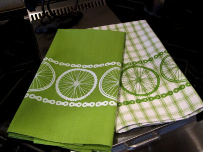 Bicycle Kitchen Towels-Mountain Bike and Road Bike Wheels-Lime Green and White-Set of two