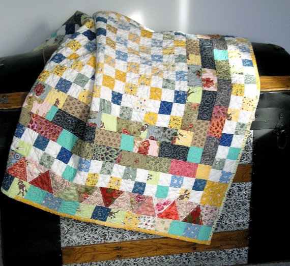 Baby Quilt Reproduction and Kaffee Fasset Fabrics in White/Blues/Yellow/Teal/Brown