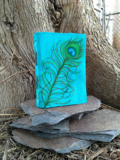 Turquoise Suede Leather Journal Sketchbook - Peacock Feather