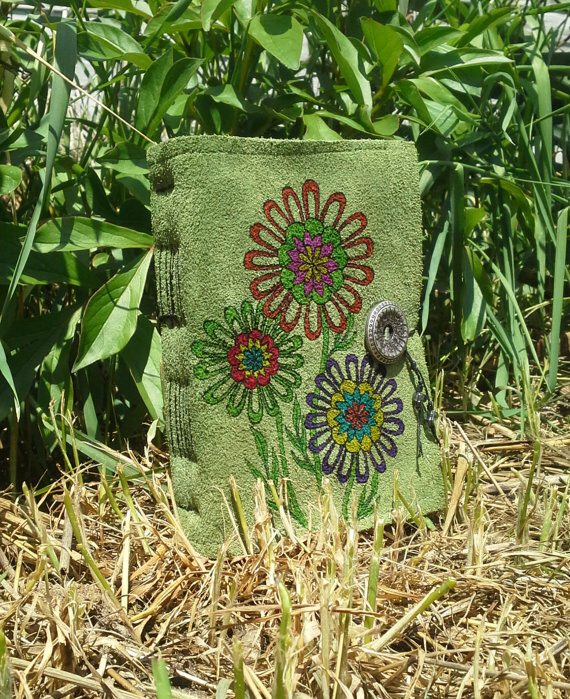 Green Sage Suede Leather Journal Sketchbook - Flower Design