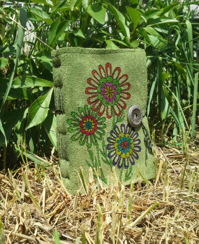 Green Sage Suede Leather Journal Sketchbook - Flower Design