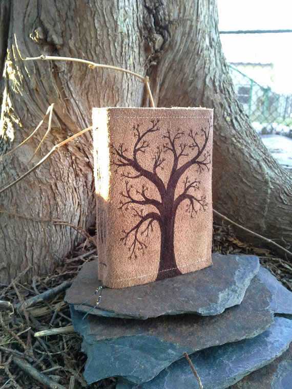 Brown Suede Leather Journal Sketchbook - Tree with Swallowtail birds