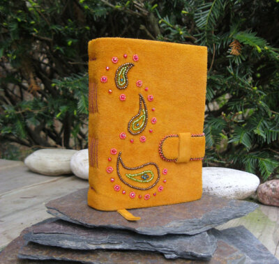 Orange Suede Journal Sketchbook - Vintage Beaded Tear Drop Design