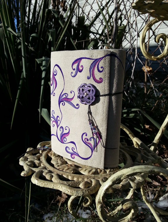 Tan Suede Leather Journal Sketchbook - Purple Passion Design