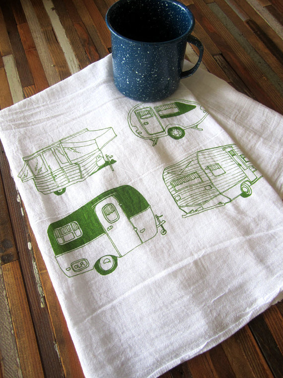 Tea Towel - Screen Printed Organic Cotton Flour Sack Towel - Soft and Absorbent Kitchen Towel - Vintage Campers - Camping