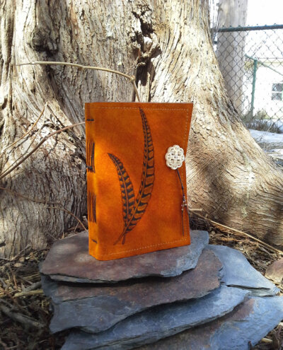 Orange Brown Suede Leather Journal Sketchbook - Pheasent Feathers