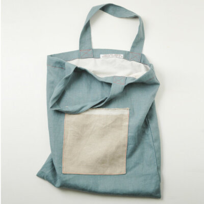 Blue natural linen tote bag