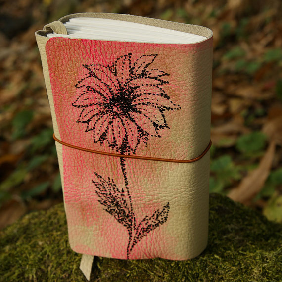 craftSOO - Leather journal, Pink, Hand bound leather journal, Notebook, Sketchbook -Flower