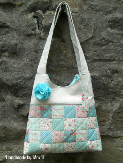 Blues patchwork style &amp; Linen shoulder bag tote purse