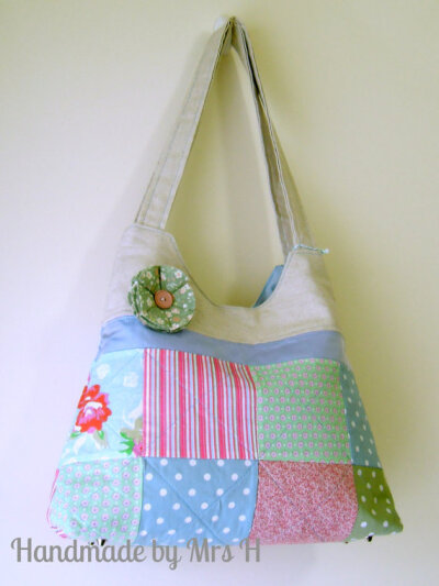 Patchwork &amp; linen shoulder bag purse with tons of pockets